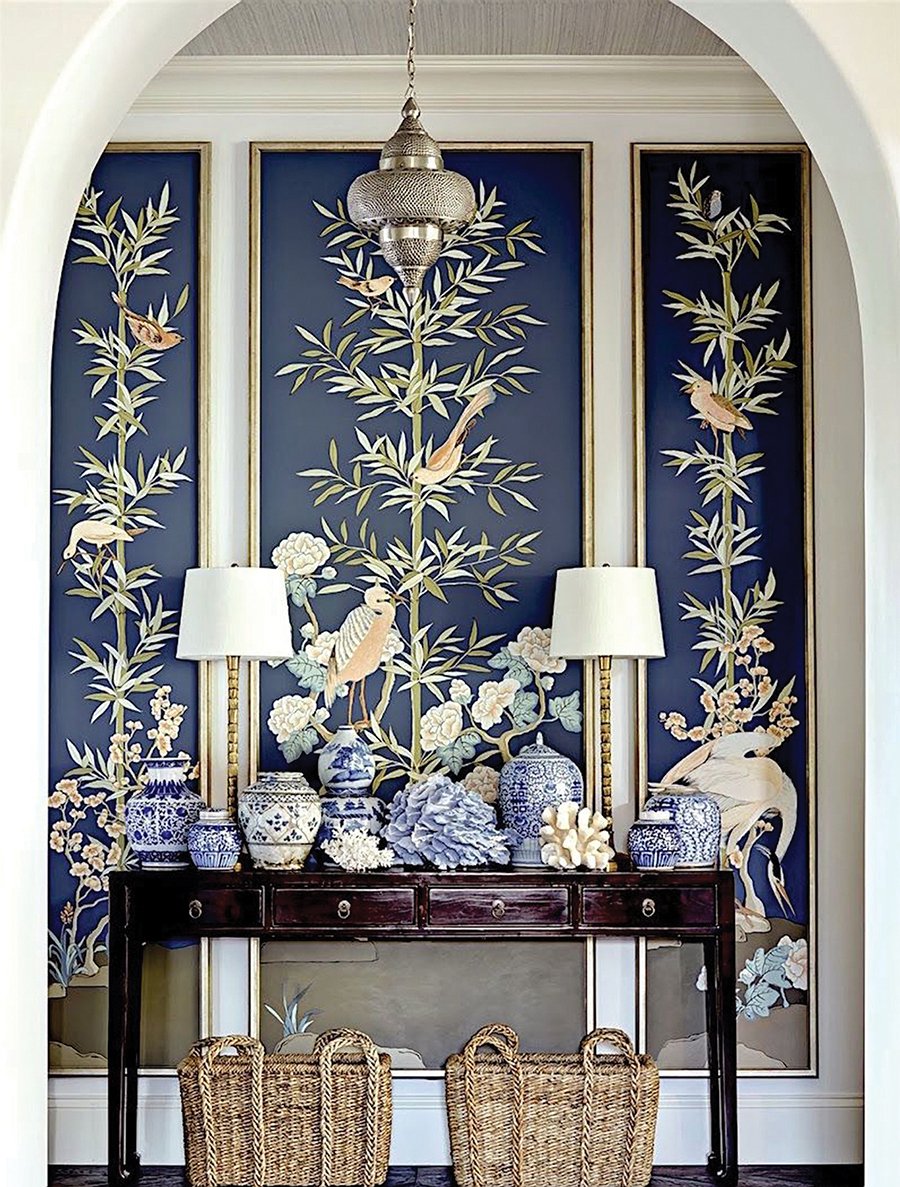  The femininity and beauty of chinoiserie is back! If you aren’t ready to commit to a whole wall of wallpaper, use decorative moldings to create frames to display the wallpaper like art. 