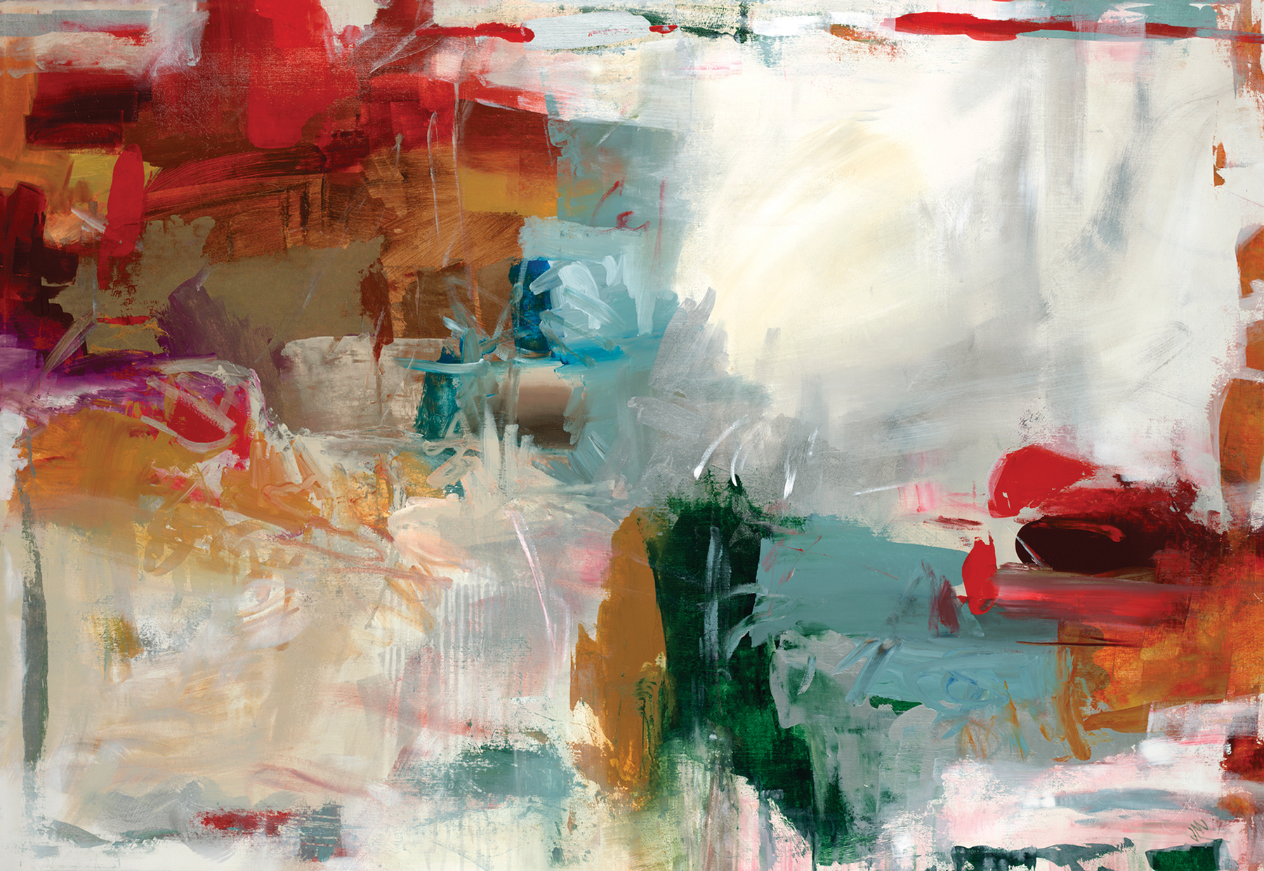 Over-sized abstract art with pops of bold color is a wonderful way to add a modern touch while accenting global fusion design.