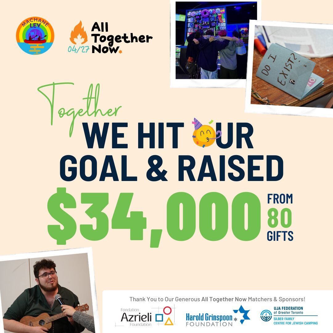 Our pride is shining through, our pride is shining through!

All of us at Machane Lev and Canadian Young Judaea want to give our heartfelt thank you to all those who donated to, and/or shared, the Machane Lev #alltogethernow fundraiser. In just 24 ho