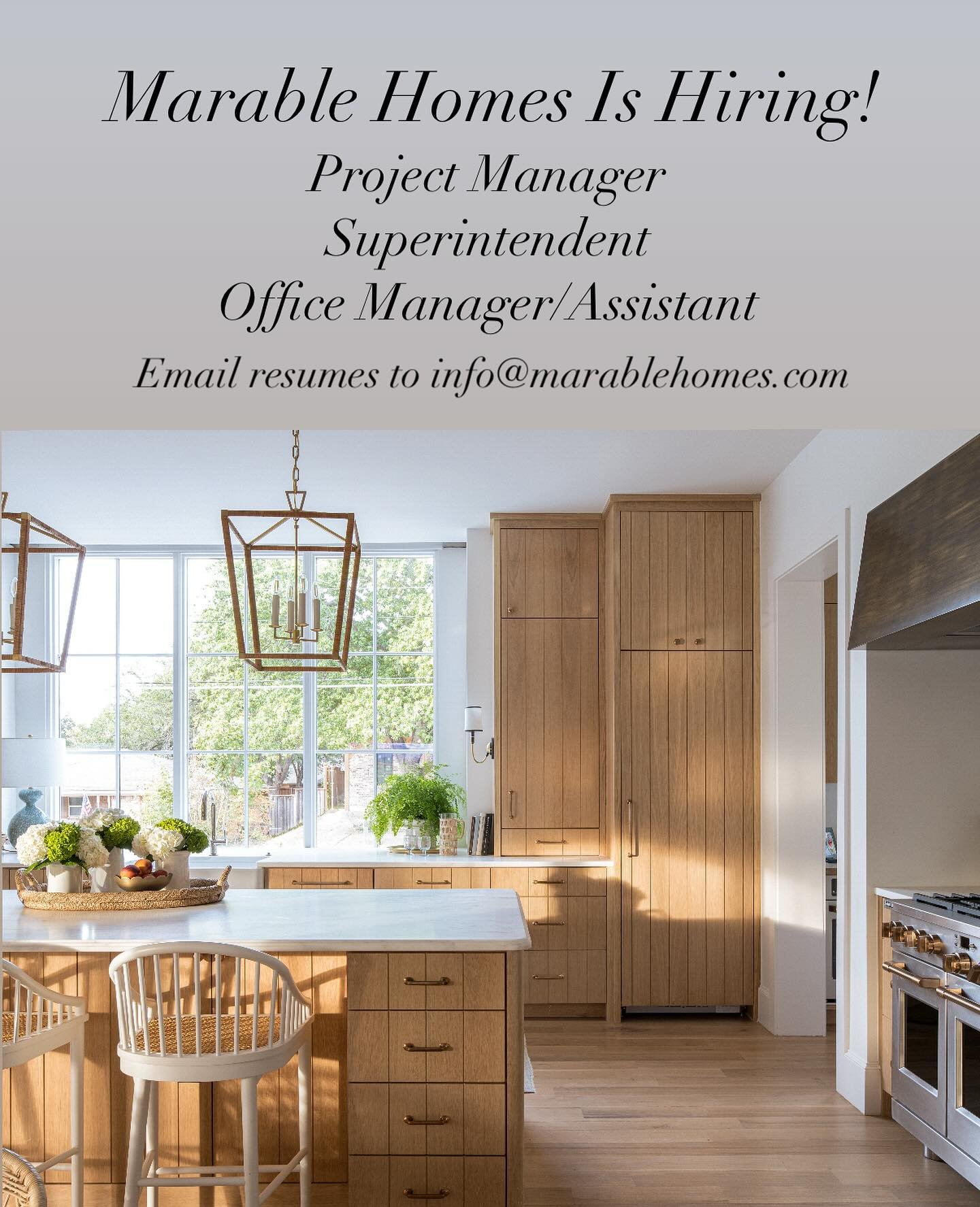 We are hiring the following roles:
-Project Manager
-Superintendent
-Office Manager/Assistant 
Email resumes to info@marablehomes.com

📷 @strictlynaturallight