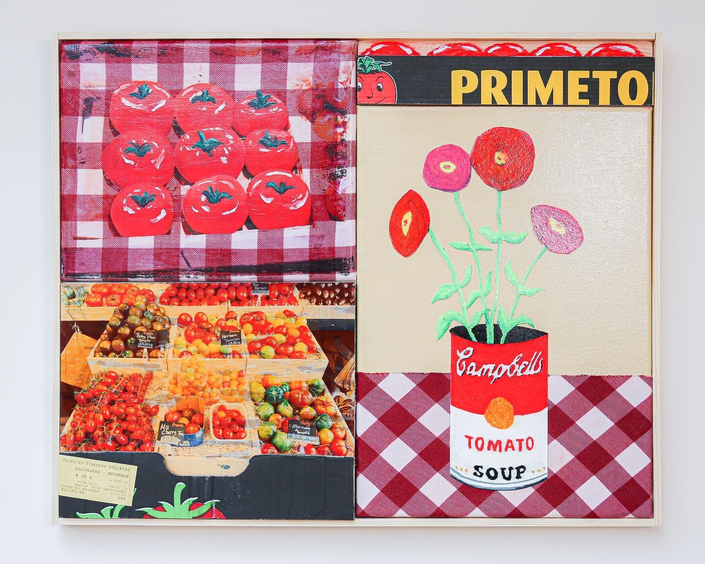 &ldquo;TOMATOES&rdquo;, acrylic, oil, spray paint, oil pastel, acetate, cardboard and paper on fabric, canvas and wood, framed in pine artist made frame, 52.5 x 42.5cm, 2023.

First pieces of work are beginning to emerge out of the studio from this y