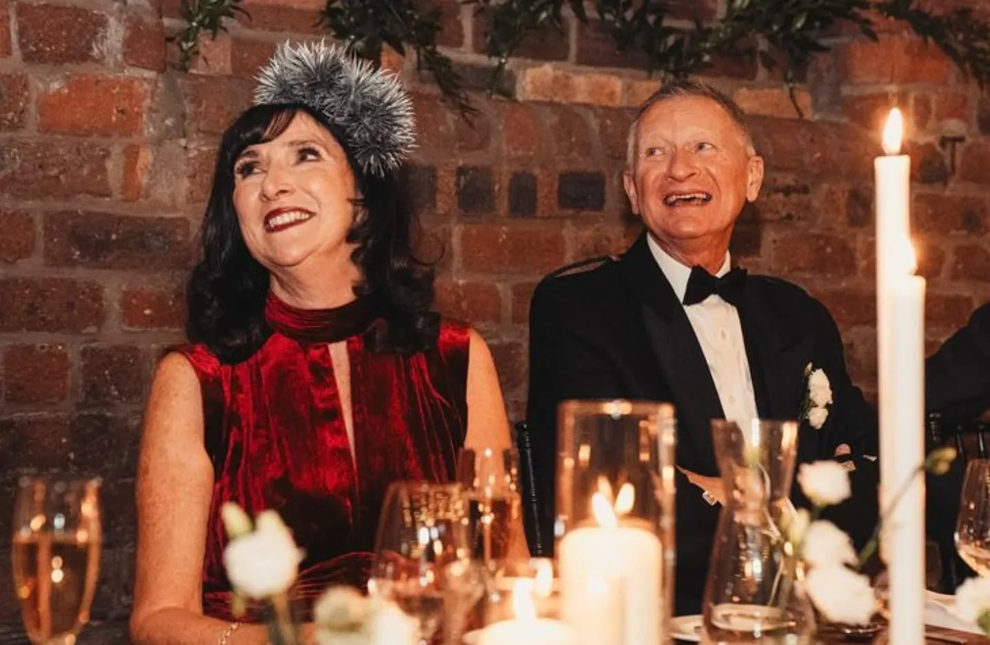 Christina wanted something a little different for her daughter's wedding. With a beautiful deep red velvet jumpsuit from ME+EM, and a stunning bag and shoes in pewter, we decided to opt for a pewter headpiece made from very bulked up goose biot pompo