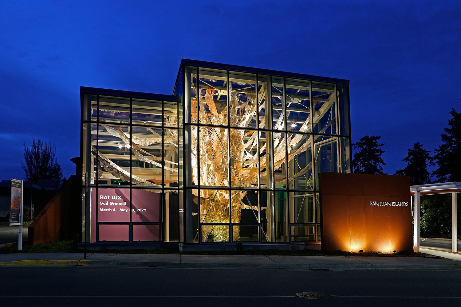  Fiat Lux, a night view from the street at the San Juan Islands Museum of Art, 2022 photo: Mark Woods 