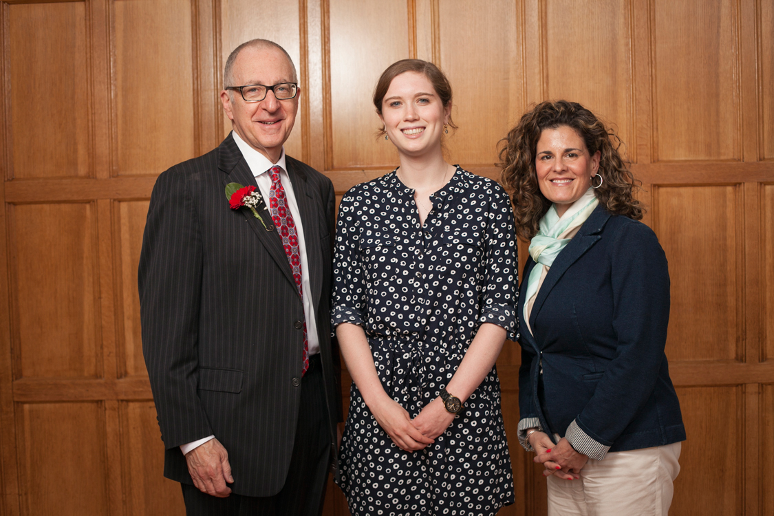Dominique Padurano (far right) pictured with her student Devon McMahon (center) and David J. Skorton, President of Cornell University