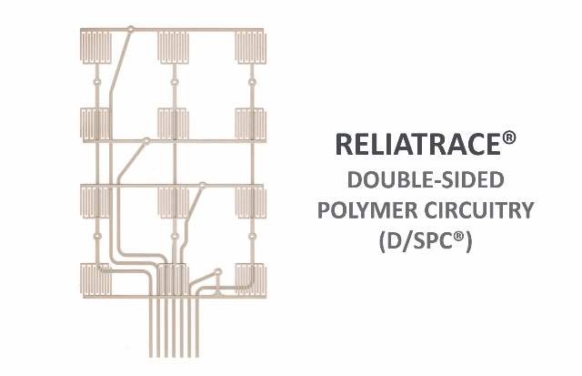 Visual demonstration of the construction of a Reliaswitch® membrane switch, designed with Double-Sided Polymer Circuitry (D/SPC®) technology. Traces are printed on both the top and bottom of the substrate for exceptional reliability.
