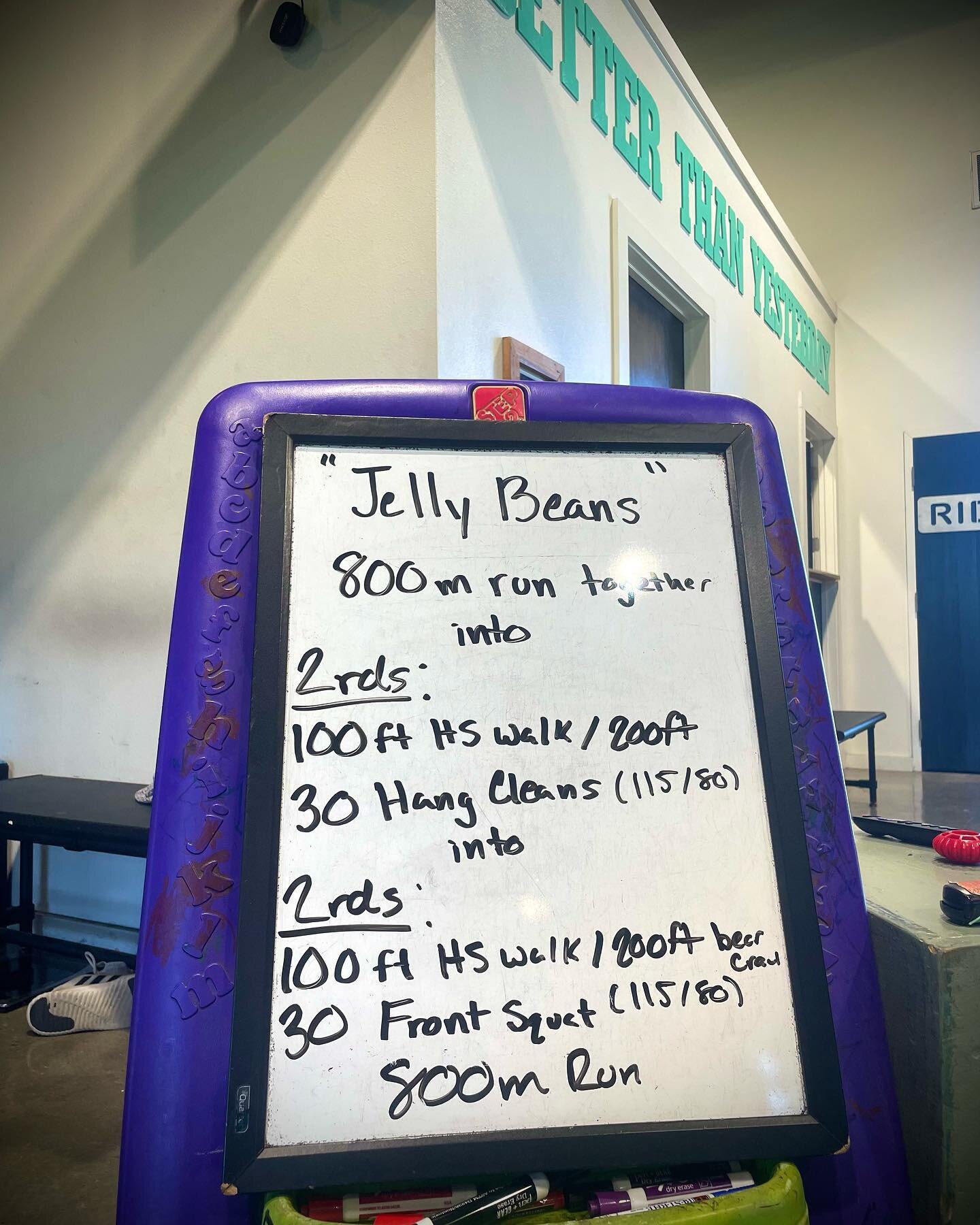 Blue skies and fitness for breakfast. You can&rsquo;t ask for better way to start off your weekend.

&ldquo;Jelly Beans&rdquo;

800m Run Together 

-into-
2 rounds:
100ft HS Walk/200ft Bear crawl
30 Hang Cleans (115/80#)

-into-
2 rounds:
100ft HS Wa