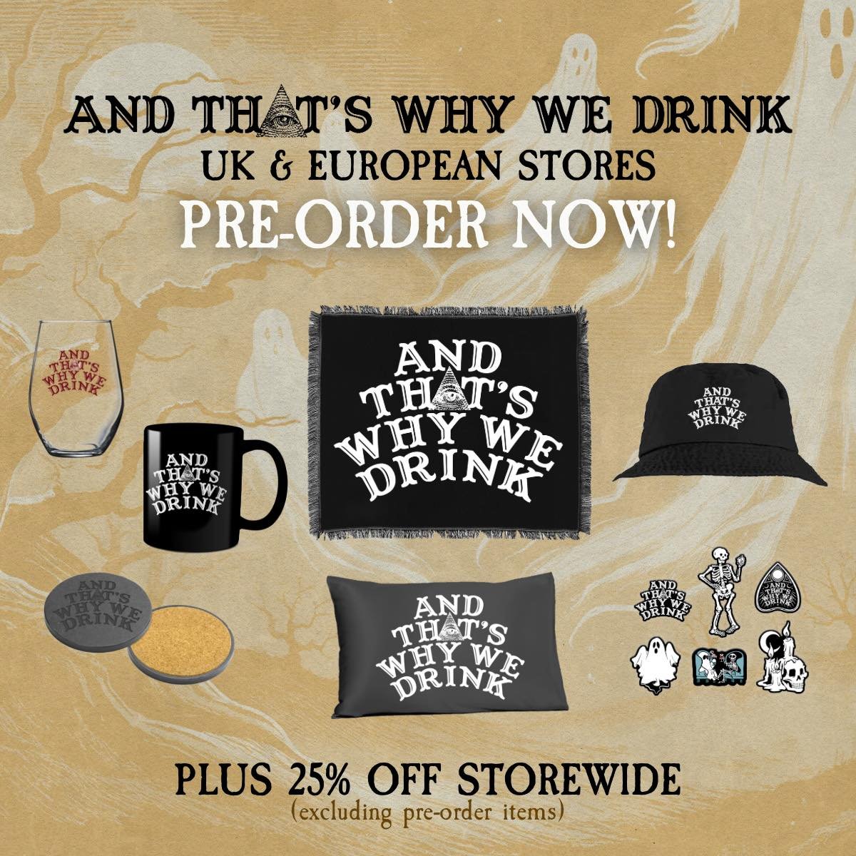 UK &amp; EU Boozers and Shakers!! Make sure to get those pre-orders in before this sale ends on Friday! 

Shop now at atwwdmerch.com/global (link in bio)

#ATWWD #AndThatsWhyWeDrink #AndThatsWhyWeDrinkPodcast #BoozersAndShakers #MerchSale #SpookyMerc