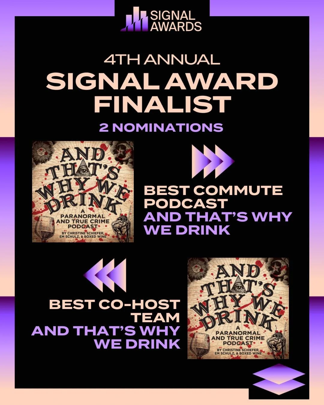 We&rsquo;re so excited to be nominated for two Signal Awards this year!! So we need your help.

Head over to https://vote.signalaward.com/PublicVoting#/2025/shows/video/most-innovative-video-podcast and make sure to vote for us in the Best Commute Po