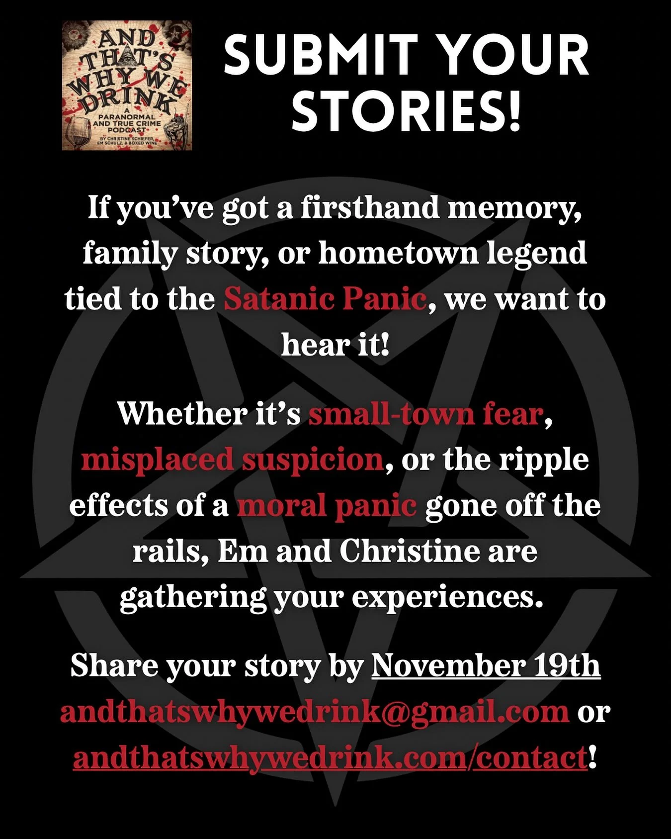 Calling all listeners with Satanic Panic stories!! 👹

If you&rsquo;ve got a firsthand memory, family story, or hometown legend tied to the Satanic Panic, we want to hear it.

Whether it&rsquo;s small-town fear, misplaced suspicion, or the ripple eff
