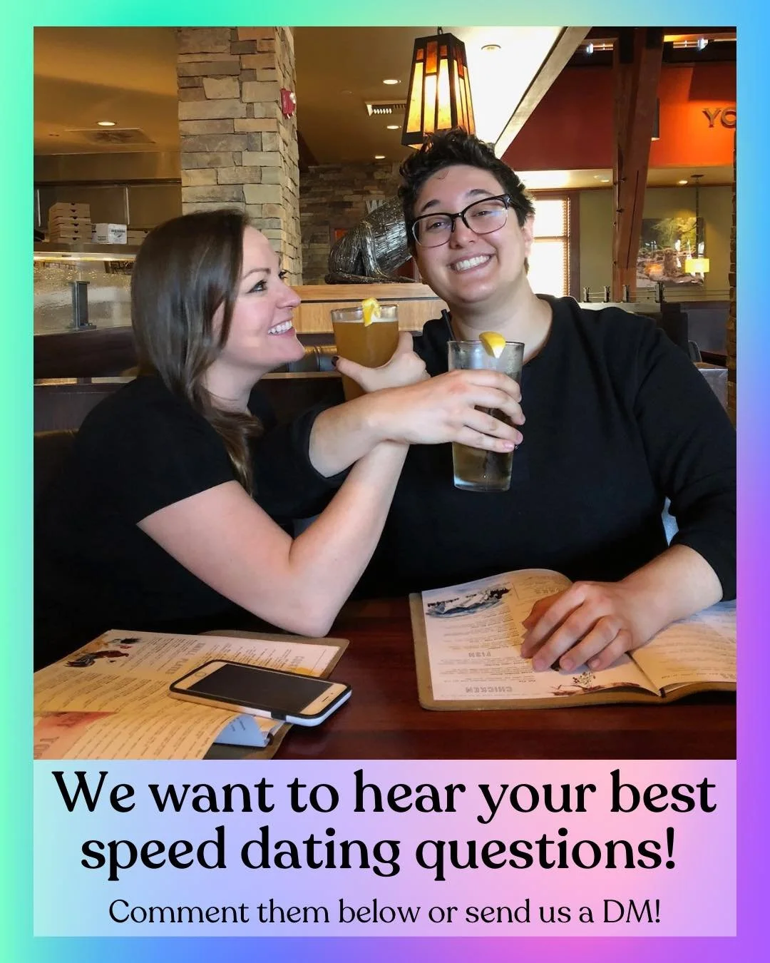 A little #throwback pic to ask all our amazing listeners for your best speed dating questions! 

Drop them in the comments below or send us a DM! 

&bull;
&bull;
Image description: Christine and Em holding drinks and smiling with their arms linked.