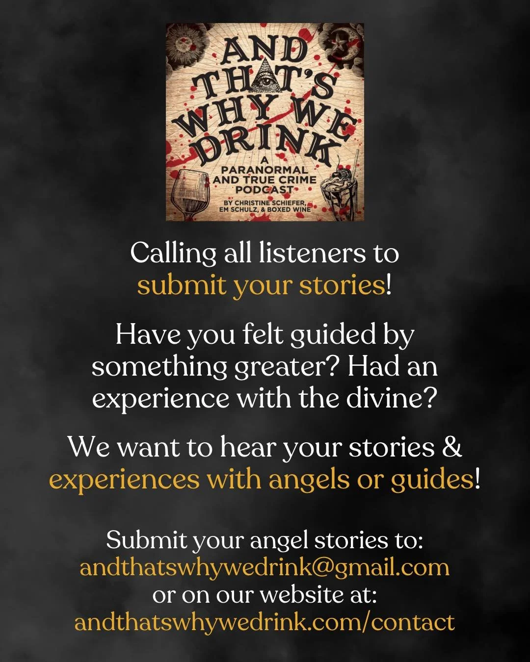 Have you felt guided by something greater? Had an experience with the divine?

We want to hear your stories &amp; experiences with angels or guides! 😇🪽 

Submit your angel stories to: andthatswhywedrink@gmail.com
or on our website at: andthatswhywe