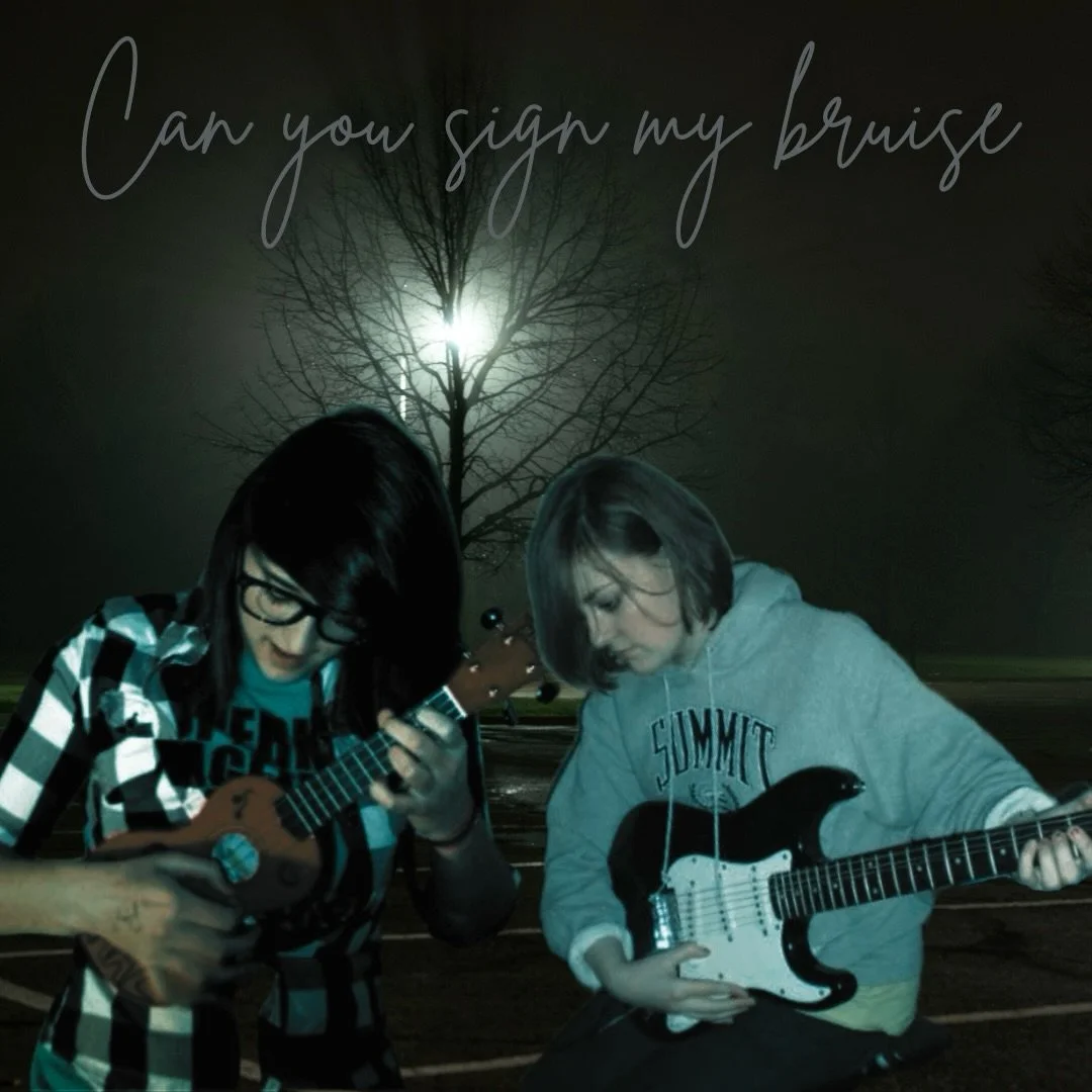 Two new hit singles from your favorite duo! 

🎶 Can You Sign My Bruise? &amp; Concussion Bagels releasing soon 

&bull;
&bull;
Image descriptions: 
1. Album cover for &ldquo;Can You Sign My Bruise?&rdquo; Featuring young Em and Christine playing a u