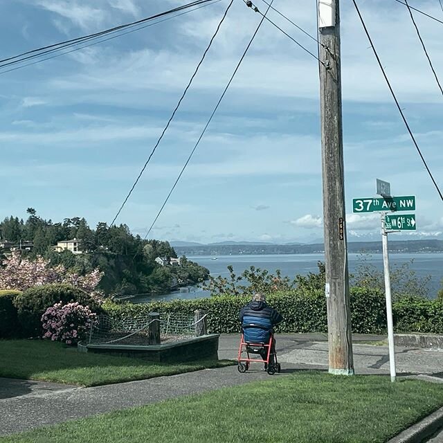 This morning, we drove to a little neighborhood street overlooking the Puget Sound, where mountains in the distance, spring flowers in bloom all around. As we sat there, quietly sipping our coffees, I heard the sound of sneakers slowly shuffling agai