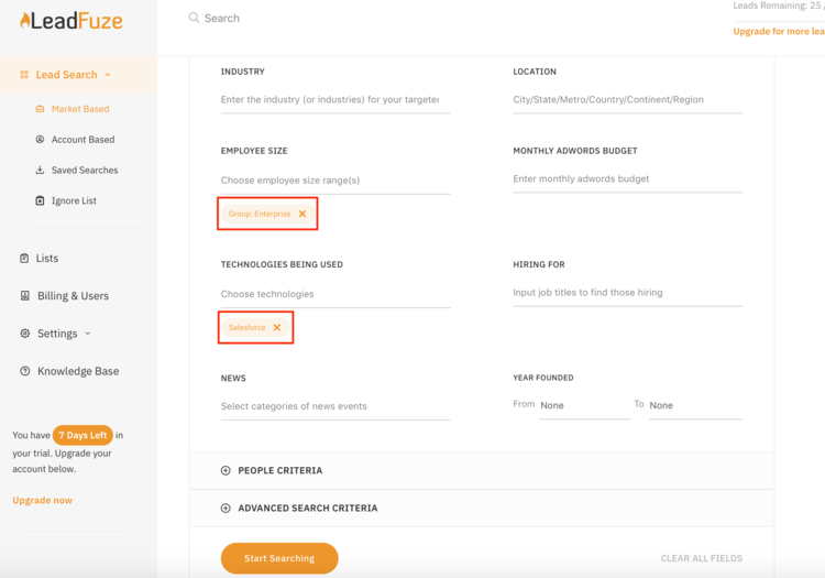 Image shows that Leadfuze search results can be filtered by market and account based criteria.