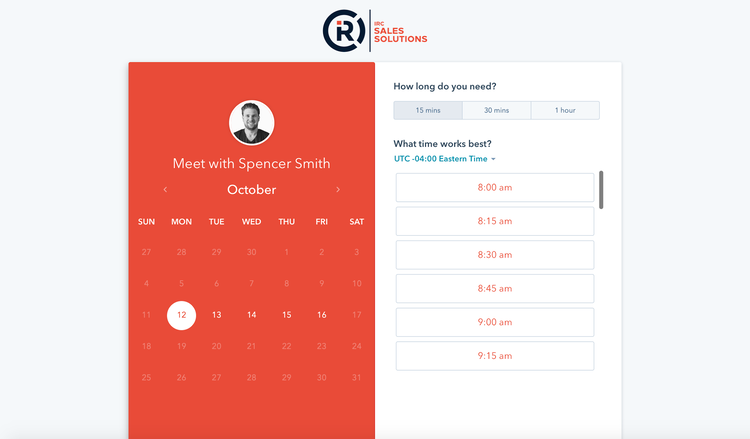 Image shows meeting scheduling page with the option to select day, time, and meeting length.