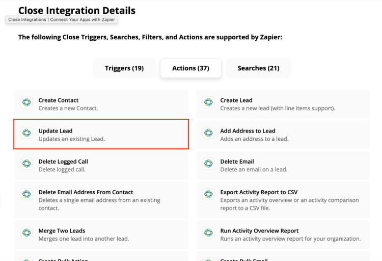 Image shows Zapier with a list of available automation triggers for Close CRM.