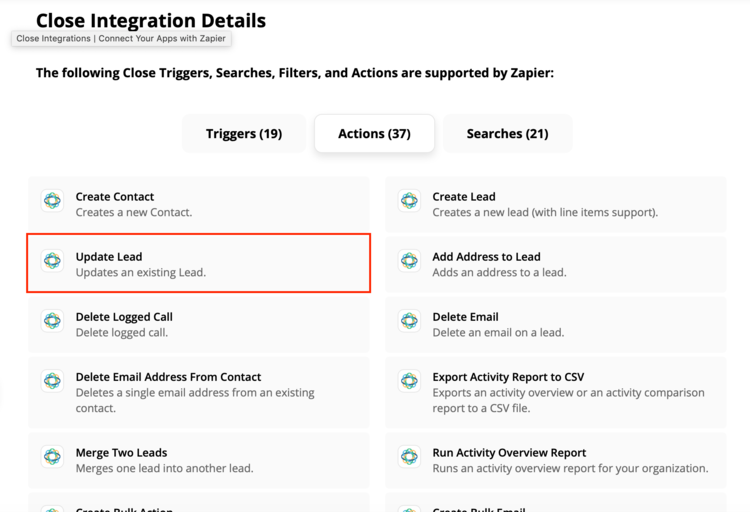 La imagen muestra Zapier con una lista de activadores de automatización disponibles para Close CRM.