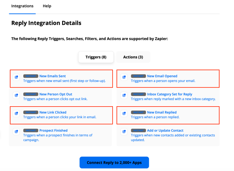 Image shows Zapier page with available Reply integration triggers.