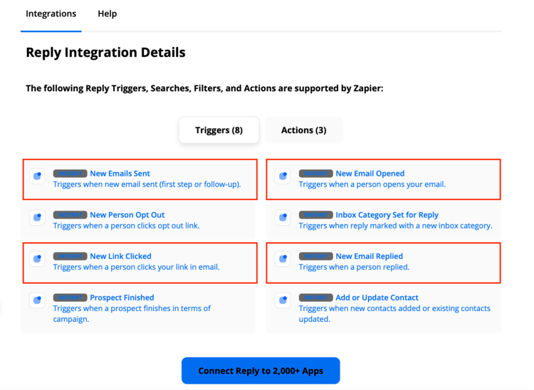 画像は、利用可能な Reply 統合トリガーを含む Zapier ページを示しています。