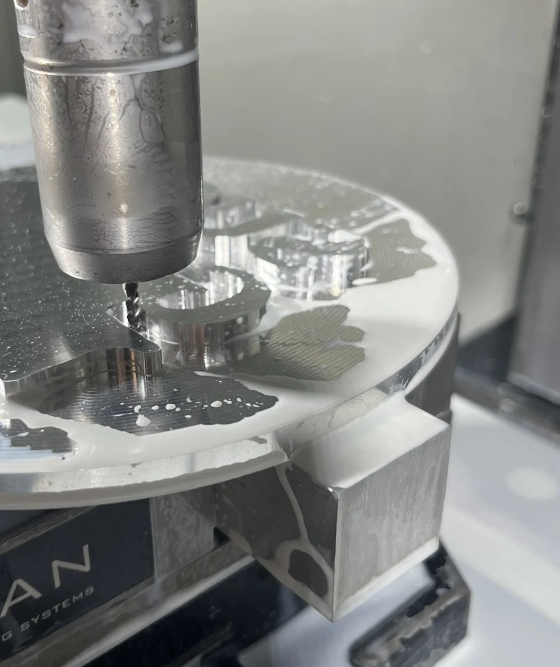 CNC milled aluminium component being machined in-house at Karpas Engineering, showcasing precision engineering and tight-tolerance production.