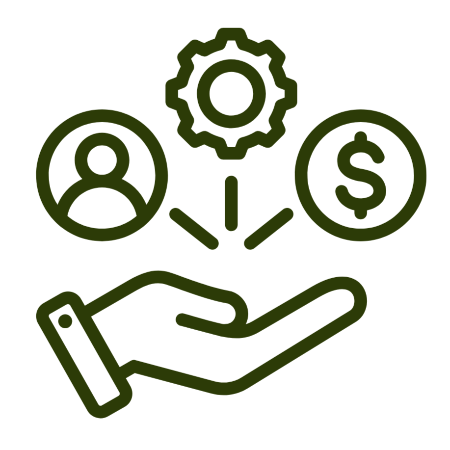 Outline of a hand holding a gear, a person, and a dollar sign, representing management or financial support.