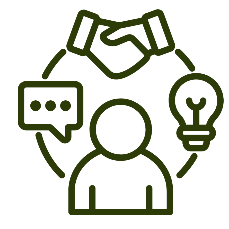 Icon of a person with a speech bubble, a handshake, and a light bulb surrounding them, representing ideas, communication, and collaboration.