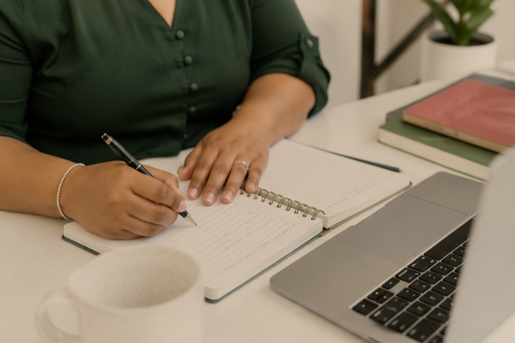 Person writing in a notebook at a desk with a laptop, books, and a plant.