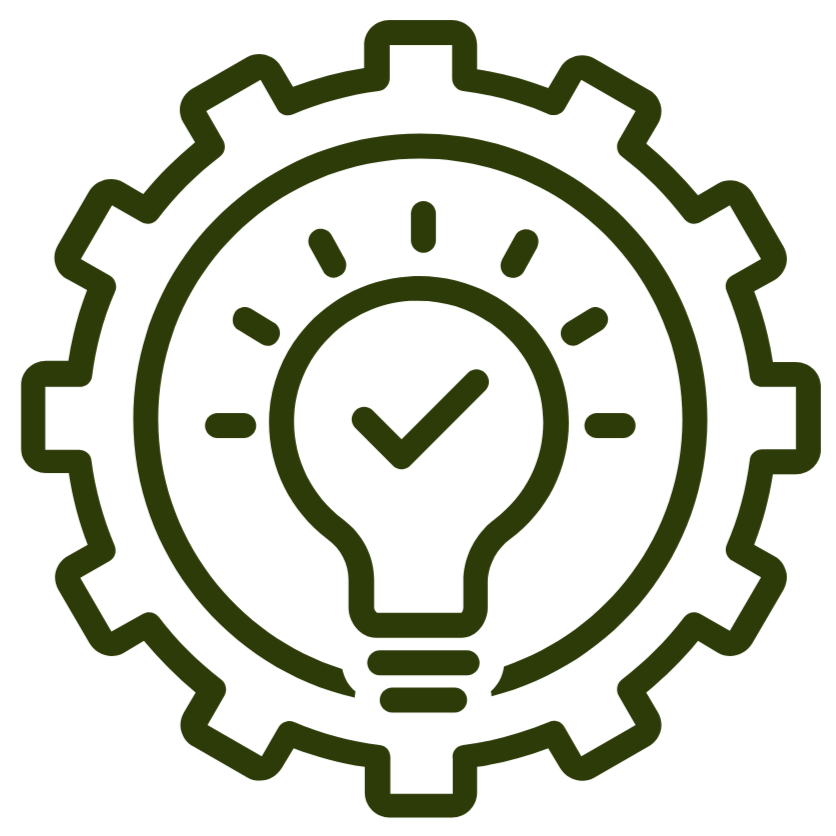 An icon featuring a gear with a lightbulb and checkmark inside, symbolizing innovation and approval.