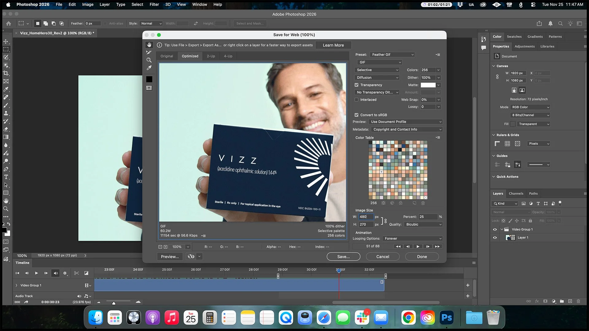 2. Export using standard Feather settings but set dimensions to 25%. Largest number be 480.