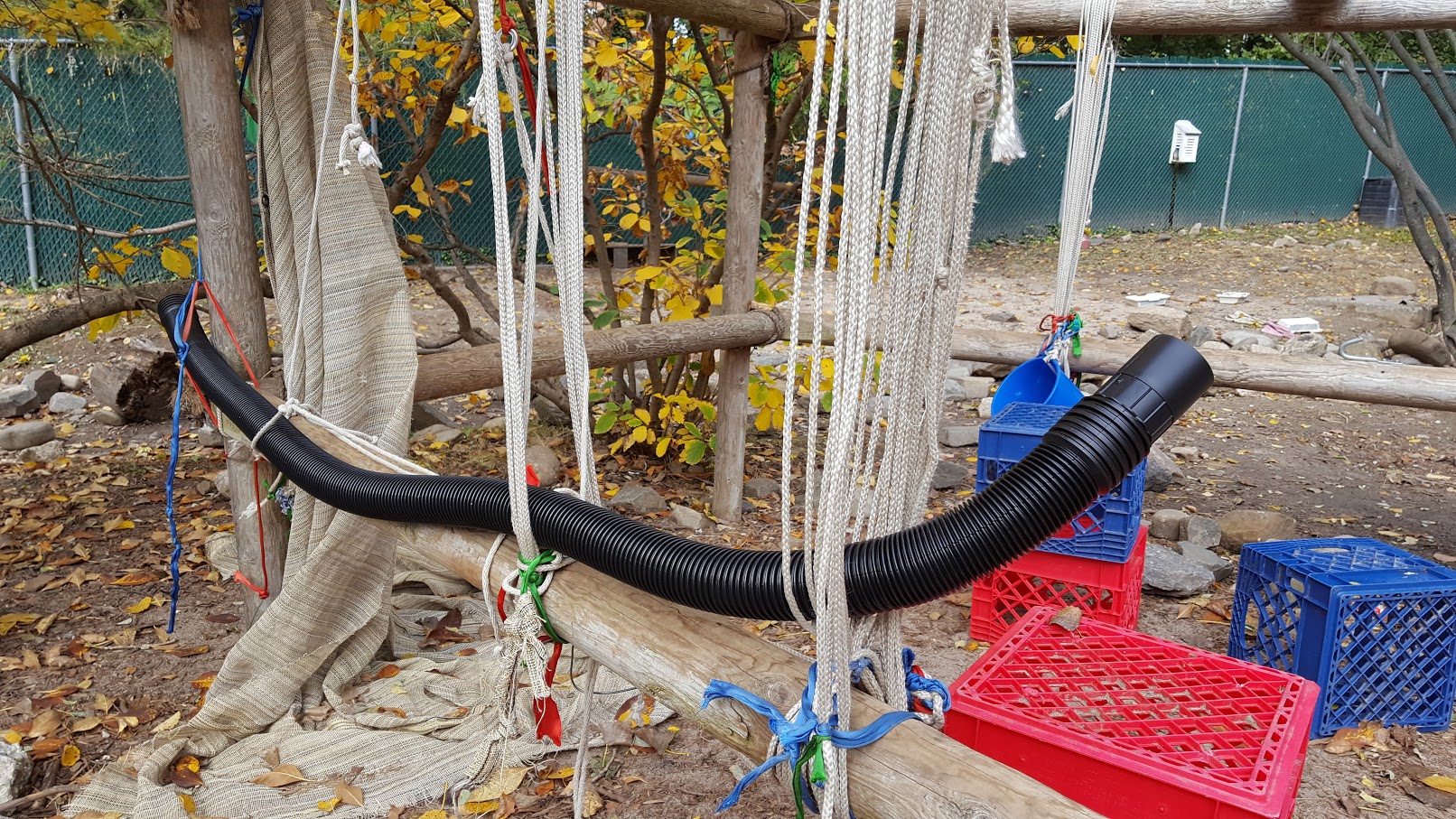  Photo is of a contraption of some kind made from rope, wood, and a black tube of some kind. Around it are various miscellaneous objects including plastic crates and buckets. 