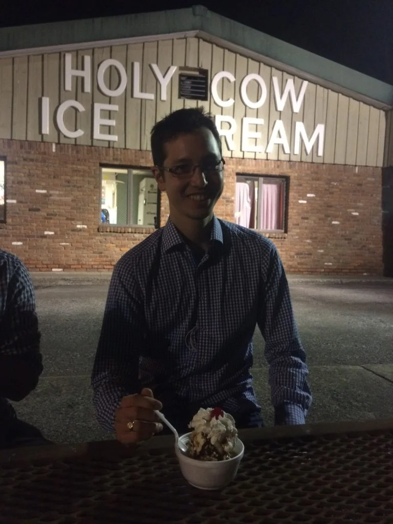 Here I try Holy Cow ice cream after a successful work day at CARP.