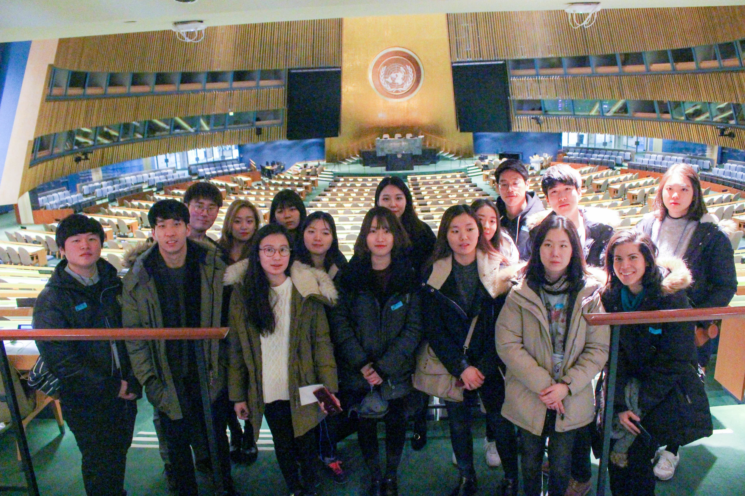 In front of the United Nations (UN) General Assembly hall at the UN Headquarters, New York City.