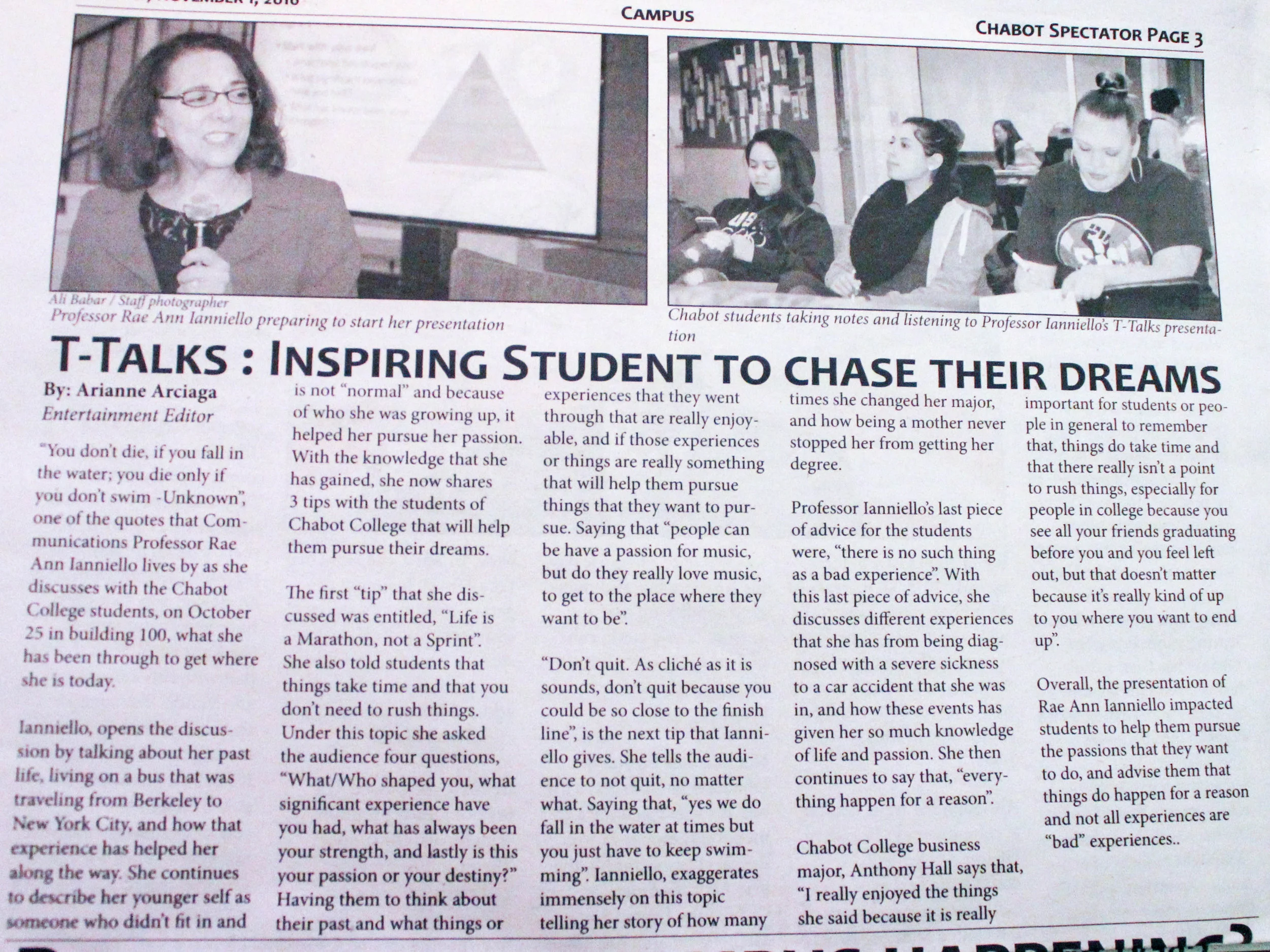 T-Talks in the Chabot Spectator campus newspaper.