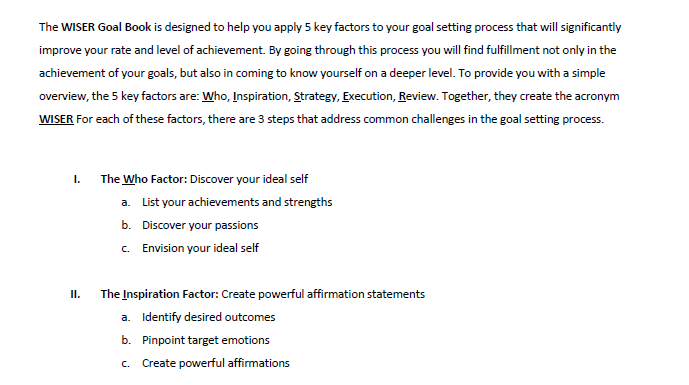 A section from the WISER Goal-Setting Worbook listing the steps for W and I .*