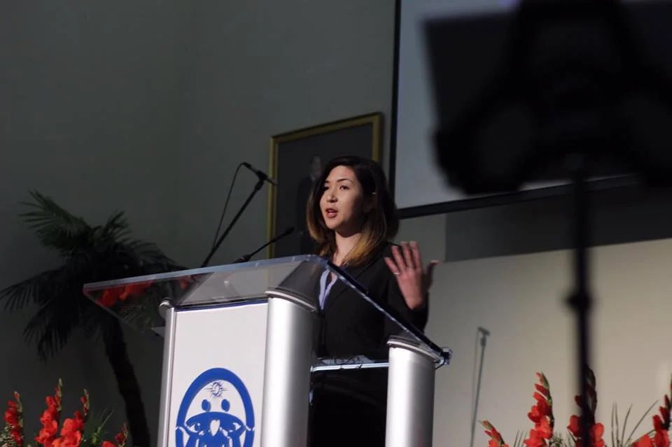 Jennifer giving a sermon at the Los Angeles Family Church in March 2017. 