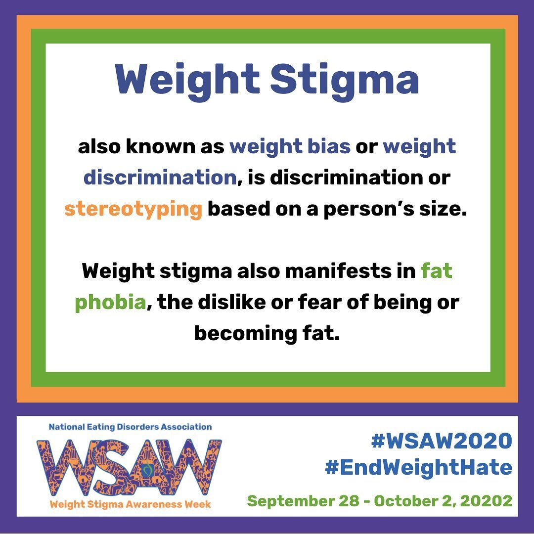 Did you know that weight stigma impacts everyone, not only those in higher weight bodies? Learn more and join @neda movement to #EndWeightHate this Weight Stigma Awareness Week ⭐️ September 28- October 2. www.mynedo.org/wsaw 💜🧡💚💙
.
Swipe through 