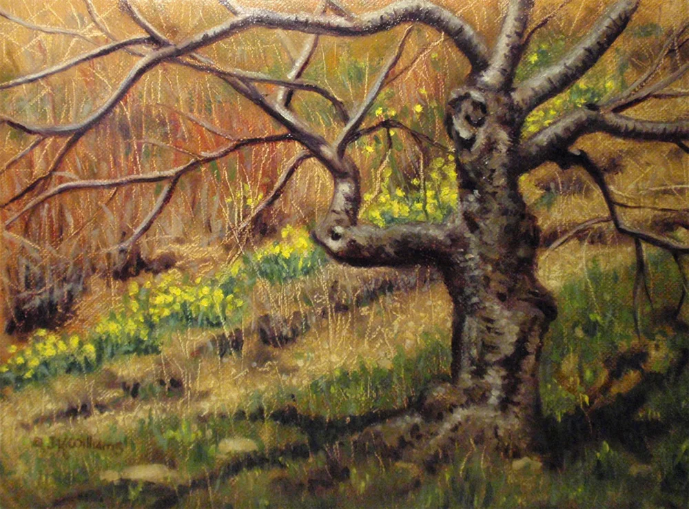 "Daffodils and Japanese Cherry Tree" Oil 6"x 8"