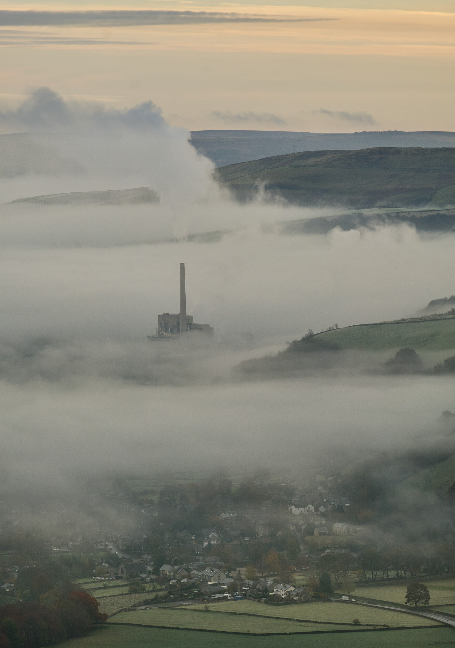 Castleton and Hope Valley Cement Works from Mam Tor, Derbyshire, England