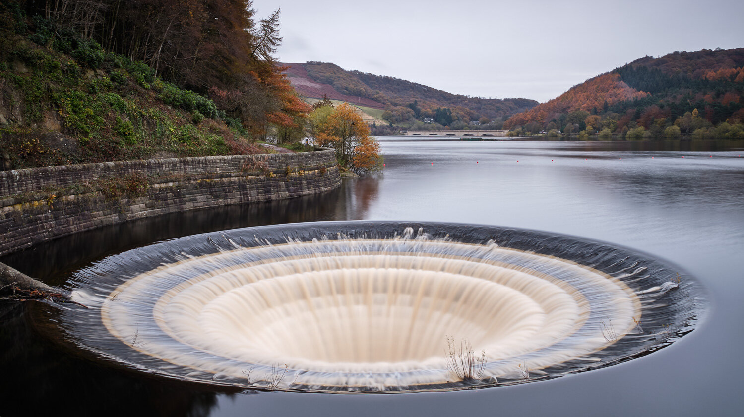 Plughole at Ladybower Reservoir, Peak District National Park, Derbyshire, England