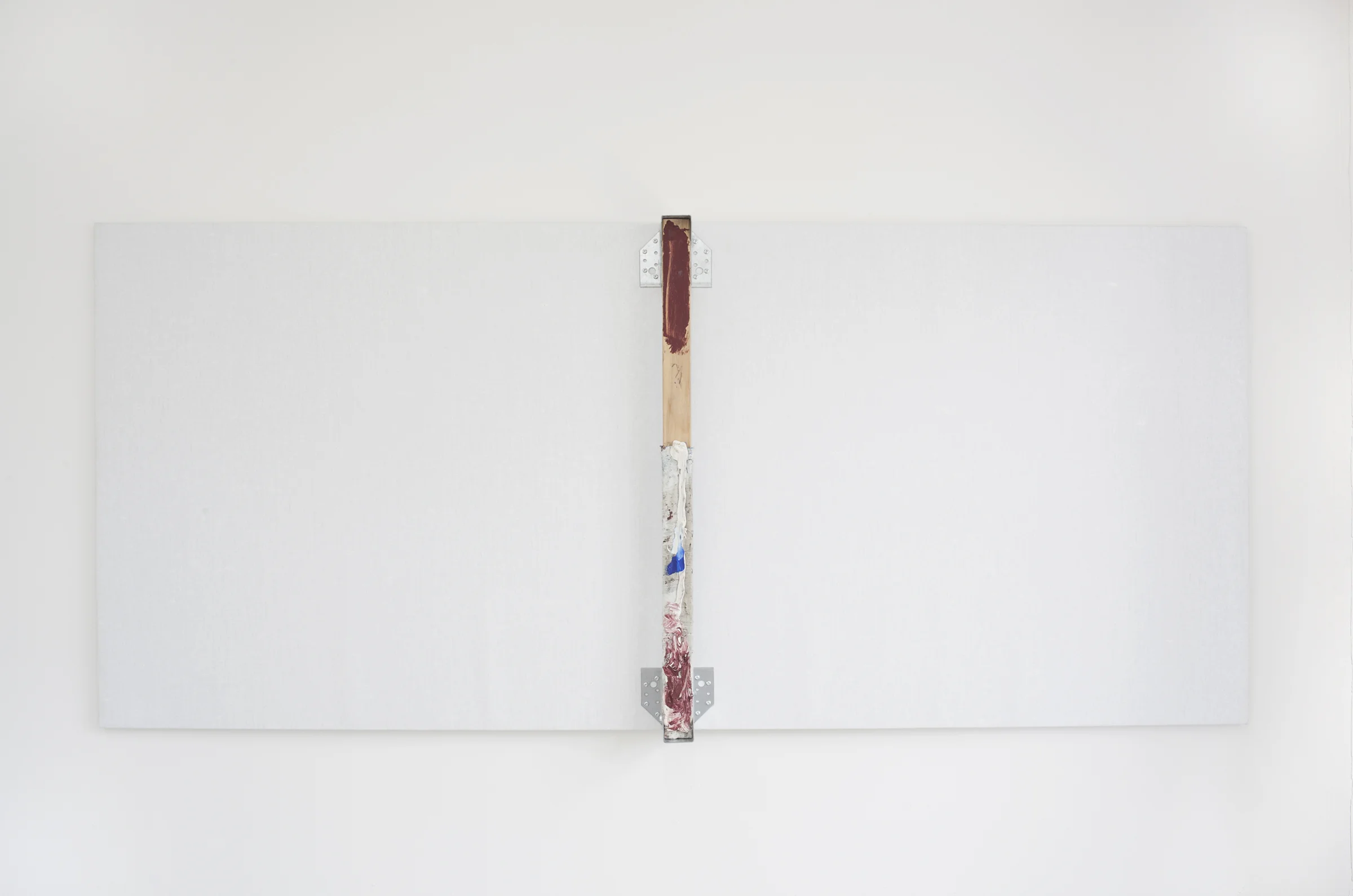 Measures for a single bed , 2016-2018 . Bed slat (1), canvas, enamel, oil paint, graphite, MS-polymer sealant, joist hangers, bolts, screws, primed linen, staples, plywood, 85x190 cm (1) Liberated from a single bed during residence at Ole Haslund Artist Foundation in Ræveskiftet, 2016