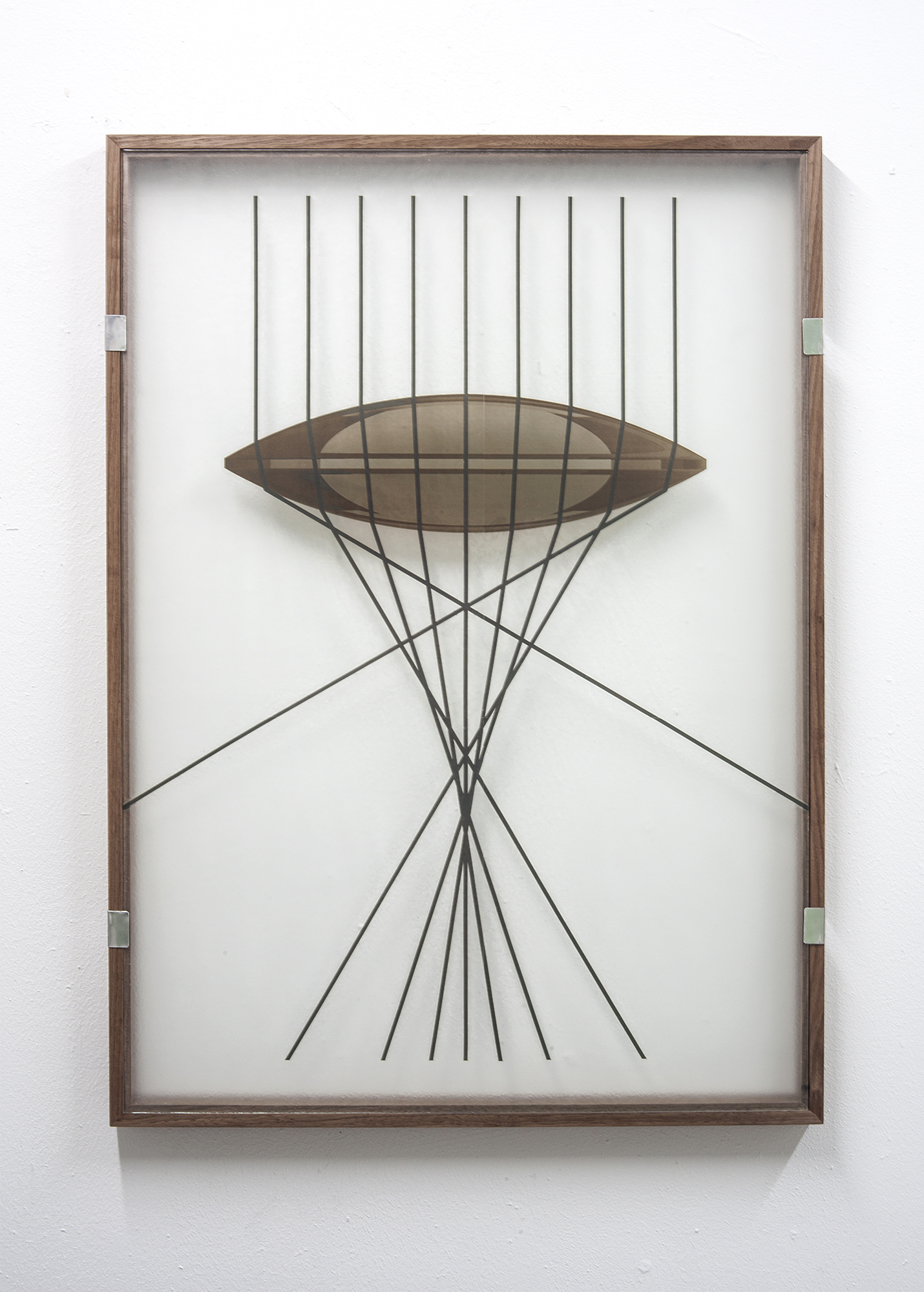 Flip Vertical, 2018, burned print on glass, walnut tree, aluminium, 59,5 x 82,5 cm