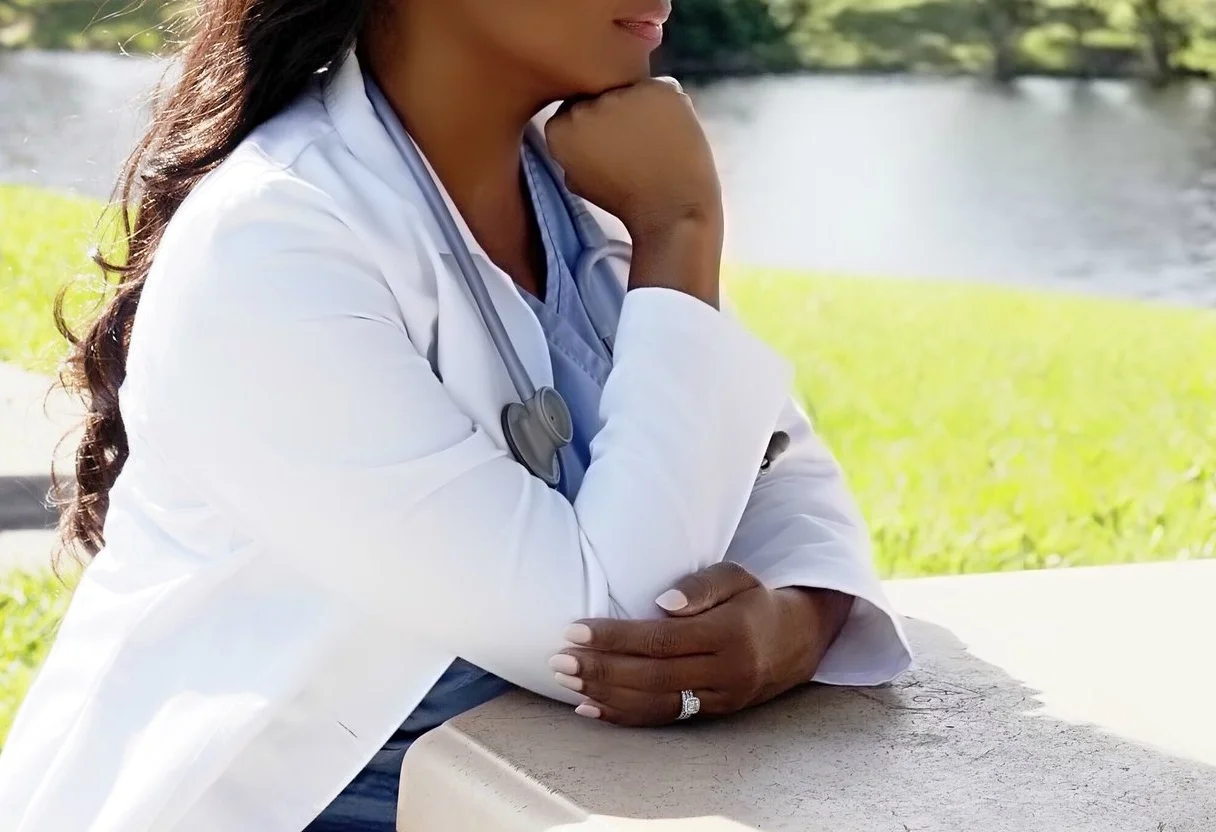 African American Woman Wearing a White Lab Coat and Blue scrubs with a stethoscope.jpg