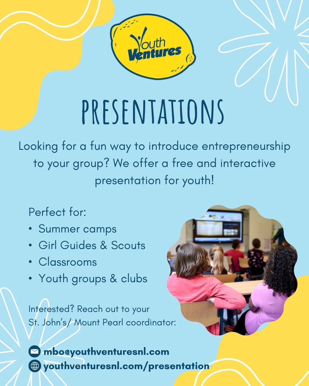 Are you a Youth Leader or Educator? Did you know Youth Ventures offers FREE presentations to youth? 

We offer an interactive presentation that educates youth about entrepreneurship and how Youth Ventures can help new and existing businesses.. which 