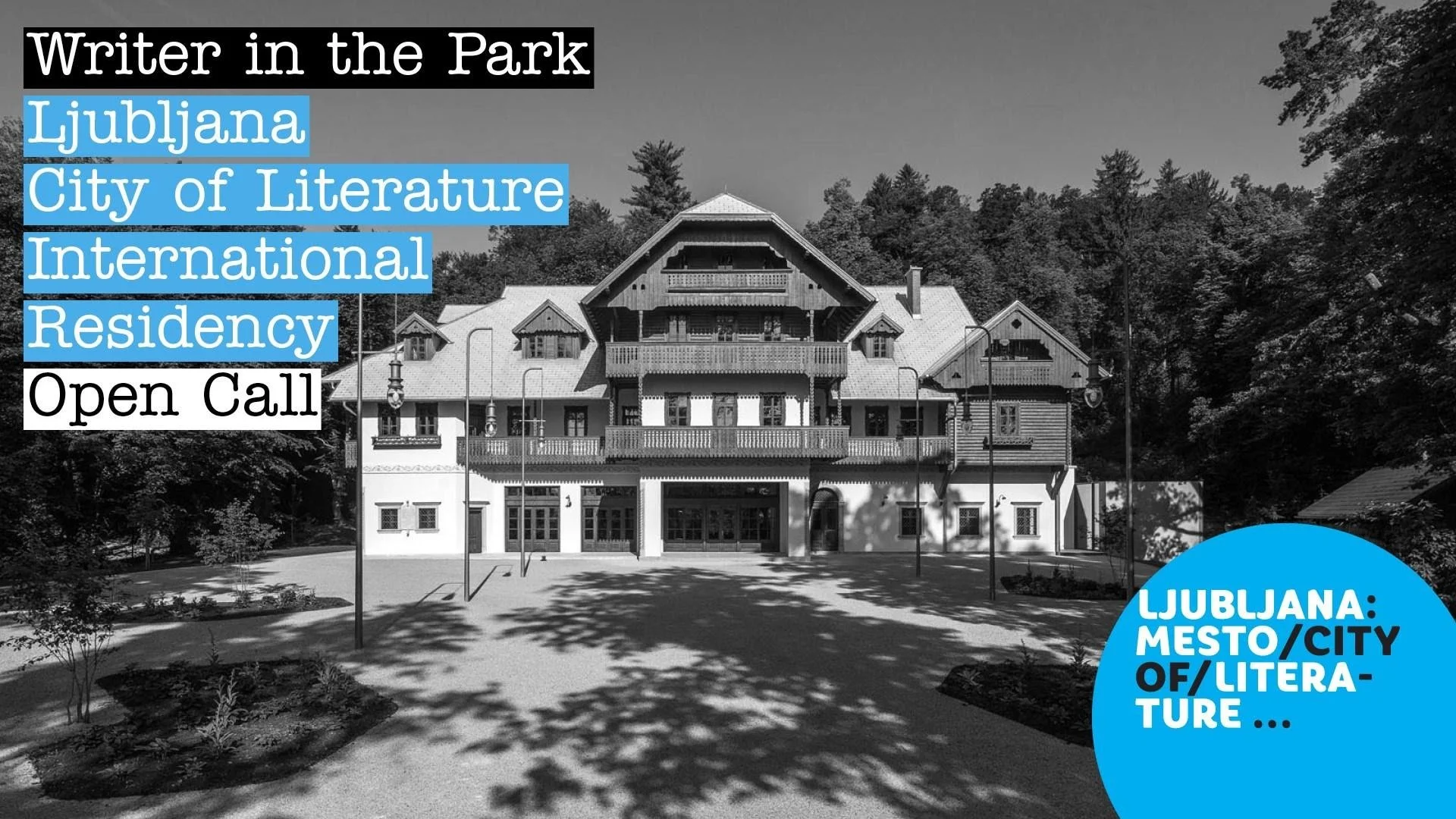 A black and white image of Švicarija/Swisshouse Creative Centre in Ljubljana.