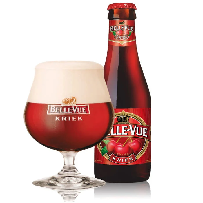 BELLE-VUE KRIEK 4.3% abv This sweet, fruity brew is made by combining freshly picked sour cherries with Lambic. 'Kriek' refers to the taste of sour cherries. Try it as an aperitif or with chocolates.