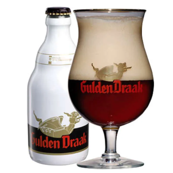 GULDEN DRAAK 10.5% abv Named after the golden dragon at the top of the belfry in Ghent, this dark tripel is strong in alcohol, with a powerful fragrance of barley, ripe plums and cherries. The palate hints at sour cherries and brown sugar and has a slightly bitter aftertaste.