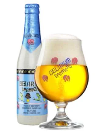 DELIRIUM TREMENS 8.5% abv This beer is lightly hopped & surprisingly malty. It uses three different yeasts & packaged in a bottle painted to resemble cologne ceramics & the label depicts the beers production. Delirium Tremens is Latin for “trembling madness”