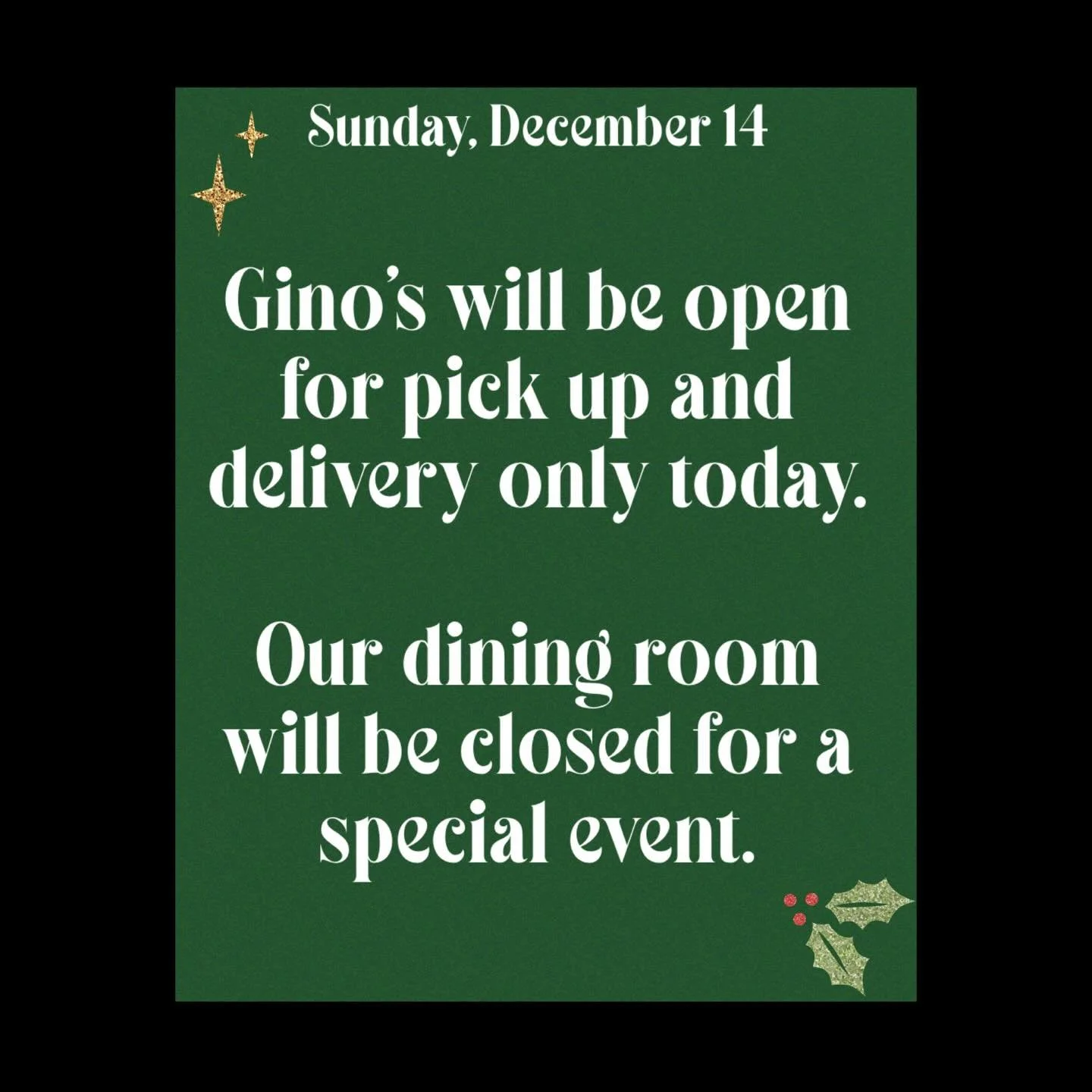 OPEN FOR PICK UP
AND DELIVERY ONLY TODAY! 
604-525-1071 

Due to a private, special event, our dining room will be closed on Sunday, December 14, but we will remain open for pick up and delivery. Please contact us at 604-525-1071 or find us on Uber E