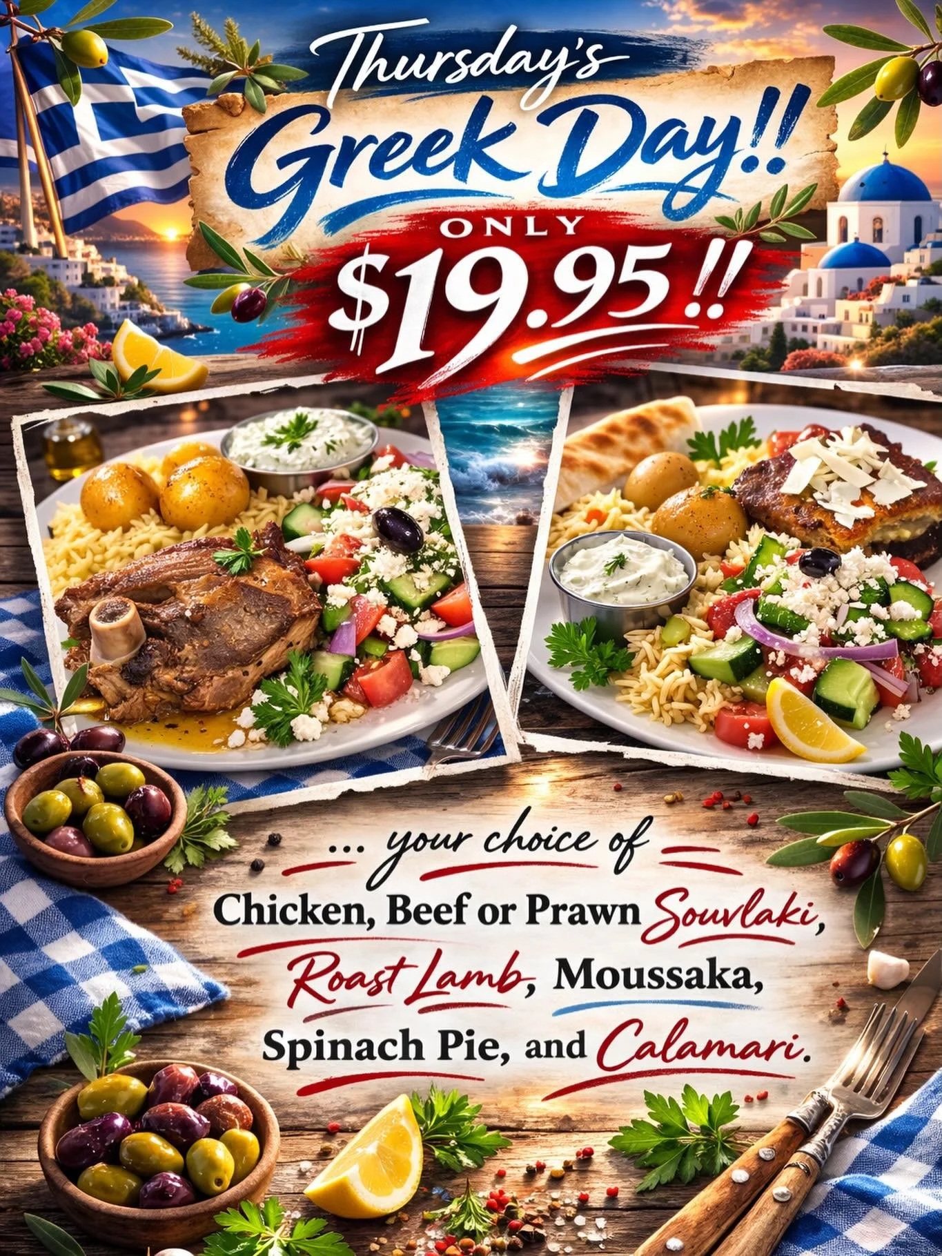 Every Thursday at Gino&rsquo;s is Greek day!! OPA!! your choice of chicken, beef or prawn souvlaki,  roast lamb, spinach pie, moussaka, or calamari!!! for only $19. 95  Enjoy your favourite dishes with friends and family
📞 Call 604-525-1071 to book 