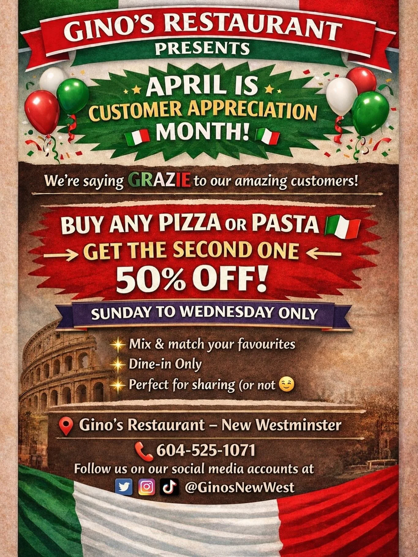 🎉 APRIL IS CUSTOMER APPRECIATION MONTH AT GINO&rsquo;S! 🎉

We&rsquo;re saying THANK YOU to all our amazing customers ❤️

🍕🍝 Buy any pizza or pasta
➡️ Get the second one HALF OFF!

📅 Sunday to Wednesday
🍽️ Dine-in only

Bring your friends, bring